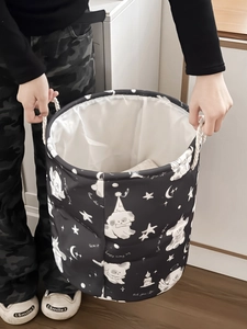 Black canvas laundry basket with cute puppy stars and moon print with white cotton rope handles