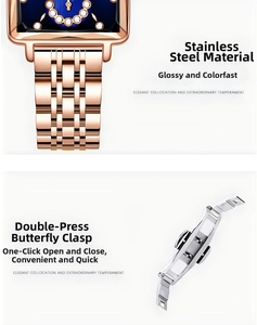Detail view of rose gold stainless steel watch band with double-press butterfly clasp