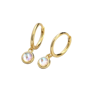 S925 silver gold-plated hoop earrings with rainbow moonstone pendants on white background