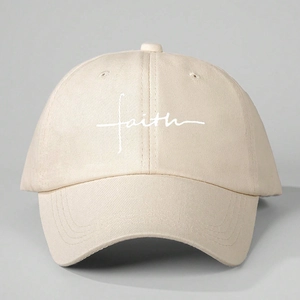 Classic beige washed cotton baseball cap with white faith embroidery and curved brim