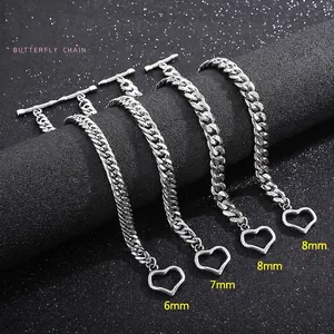 Cuban Chain Bracelet Stainless Steel Heart Toggle Clasp Silver Minimalist Niche Jewelry For Men And Women