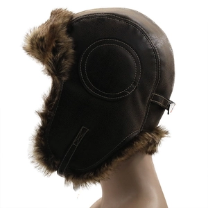 Detail view of brown PU leather aviator hat with plush faux fur lining and ear flaps