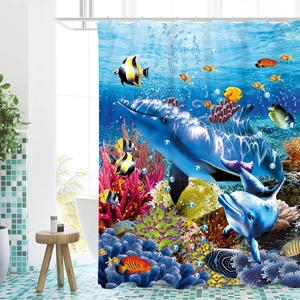 Detail of 3D marine themed bath curtain with vivid dolphin and coral reef printing