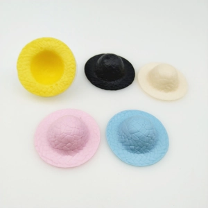Five 5cm colorful mini plastic straw hats for dolls or figurines on a white background