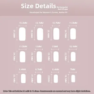 Detailed size guide for rectangular press-on nails showing width and length specifications