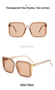 Detail view of transparent tea square sunglasses with gold metal temple accents