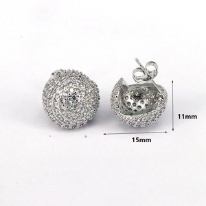 Detailed view of silver pavé crystal ball earrings with 11mm diameter measurements