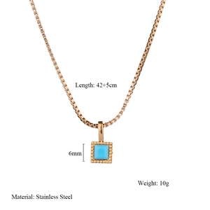 Detail showing 42+5cm stainless steel box chain with 6mm square blue zircon pendant