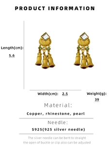 Detail specifications of vintage tassel earrings with pearls and colorful rhinestones