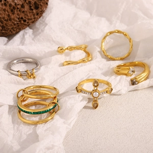 Three-layer braided ring set with 18K gold plating, cubic zirconia cross and star details