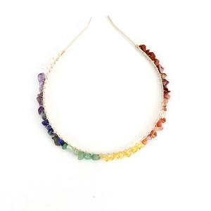Handmade golden double-row headband with colorful natural crystal stone chips