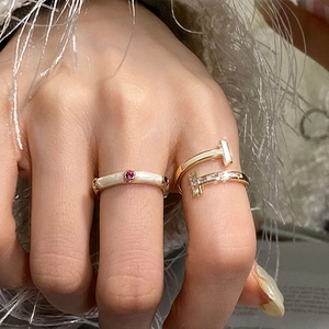 Vintage Colorful Rhinestone Enamel Copper Open Ring Mother Of Artificial Pearl T-Shaped Adjustable Fashion Jewelry For Women