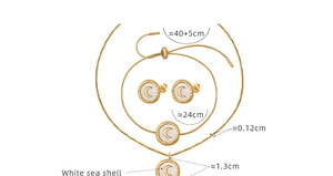 Detailed view of golden jewelry set showing dimensions and white sea shell moon charms