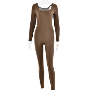 Front view of brown high elastic long sleeve bodysuit on mannequin with U-neck detail