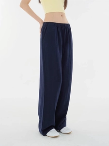 Women's dark blue wide-leg trousers with elastic waist and textured cotton-linen fabric