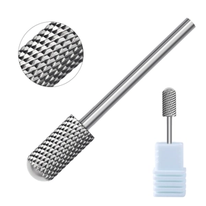Macro detail of cylindrical nail drill bit with silver alloy cross-cut texture and base