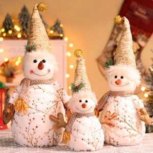 Three plush Christmas snowmen set with gold glitter hats and scarves for festive home decor