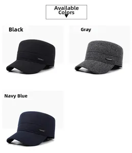 Three men's cadet caps in black, grey, and navy blue with fashion plaque detail