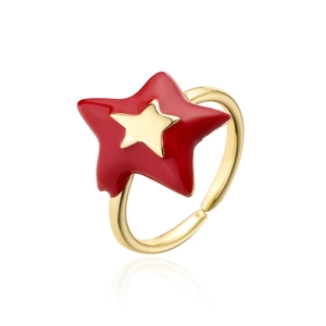 Detail of red enamel double-layer star ring in 18K gold plated open adjustable design
