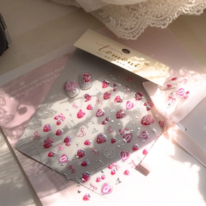 Sweet pink strawberry and bow nail art stickers set for DIY manicure decoration