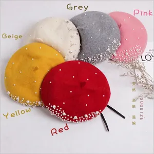 Kids wool pearl beret hats for girls in beige, gray, pink, yellow and red colors