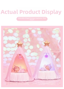 Detail of creative night lights featuring sleeping angels under a starry tent top