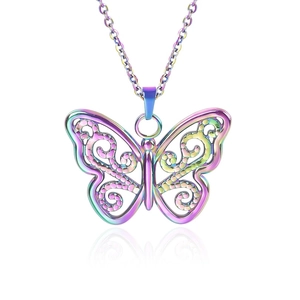 Detailed macro view of rainbow butterfly pendant necklace with hollow pattern metal design