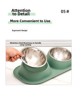 Detail of the ergonomic tilted base with removable stainless steel double bowls for pets