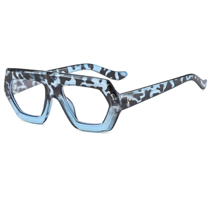 Modern thick-frame geometric glasses with blue marble texture in a professional side view