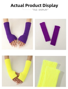 Detailed view of neon yellow and purple knitted fingerless arm warmers with ribbed texture