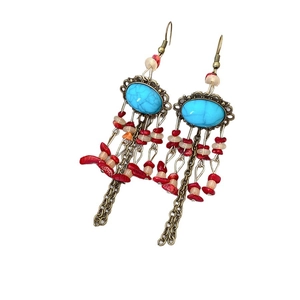 Vintage floral drop earrings with blue turquoise stone and long fringe tassels