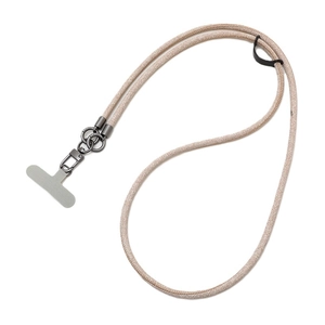 Crossbody denim fabric phone lanyard with beige woven strap and metal clip for smartphones
