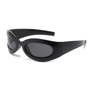 Trendy Y2K oval sunglasses with thick frames and wide temples shown at a 45-degree angle