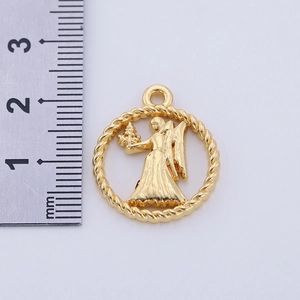 Vintage golden 12 zodiac pendant necklace with goddess engraving and rope border