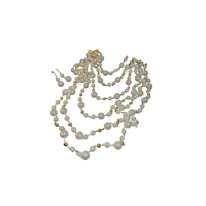 Elegant multi-layer long pearl necklace set with matching earrings and golden metal beads