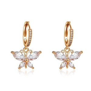 Golden butterfly hoop earrings with marquise-cut marquise stones and zircon accents