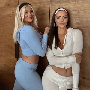 Women's 2-piece knit hooded crop top and high waist pants set in light blue and white