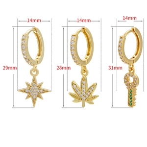 Gold star leaf and key drop earrings with sparkling cubic zirconia pavé setting