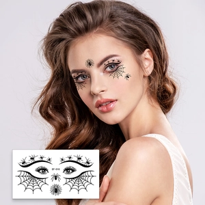 Detail of spider web eye tattoo stickers for Halloween face makeup in black waterproof ink