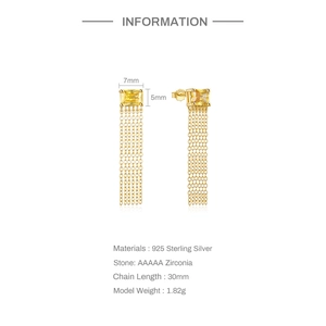 Macro detail of S925 silver tassel earrings with yellow zircon stone and dimensions