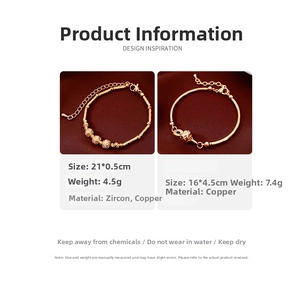 Detail view of 18K gold plated bamboo link and beaded bracelets with specifications