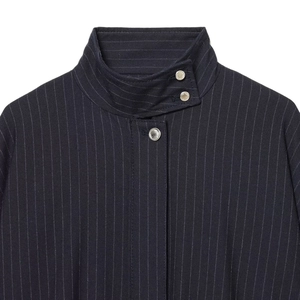Women's dark blue pinstripe bomber jacket with stand collar and silver buttons