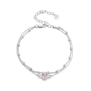 Pink Heart Double Layer Bracelet 925 Sterling Silver Dainty Bead Chain Pink Zirconia Sweet Jewelry For Women Girls