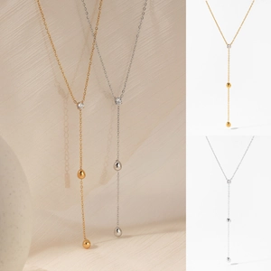 Stainless Steel Y-Shaped Lariat Necklace With Zircon Water Drop Pendant Minimalist Elegant Long Chain Jewelry For Women