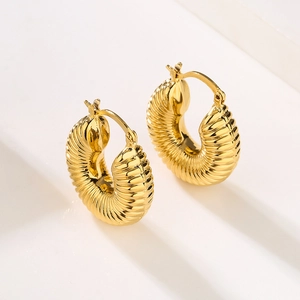 Hoop Earrings Copper Real Gold Plated French Retro Ribbed Texture Croissant Style Fashionable Jewelry For Women