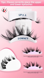 Close-up of 3D magnetic eyelashes with application tool and magnet alignment guide
