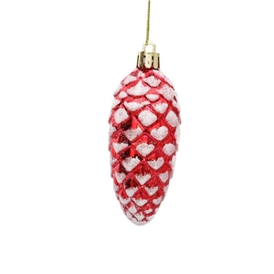 Red pine cone Christmas ornament with white glitter and gold string on white background