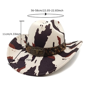 Western cow print cowboy hat with vintage bull head buckle and detailed size measurements