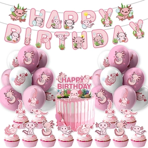 Complete Axolotl themed birthday party set with banner, balloons and cake toppers