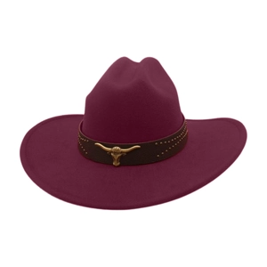 Détail d'un chapeau en laine bordeaux avec bande en cuir et emblème de corne dorée